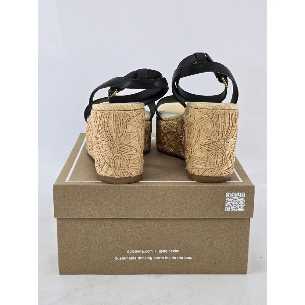 Dolce Vita Talisa Wedge Sandals Womens 9 Black Leather Espadrille - NEW